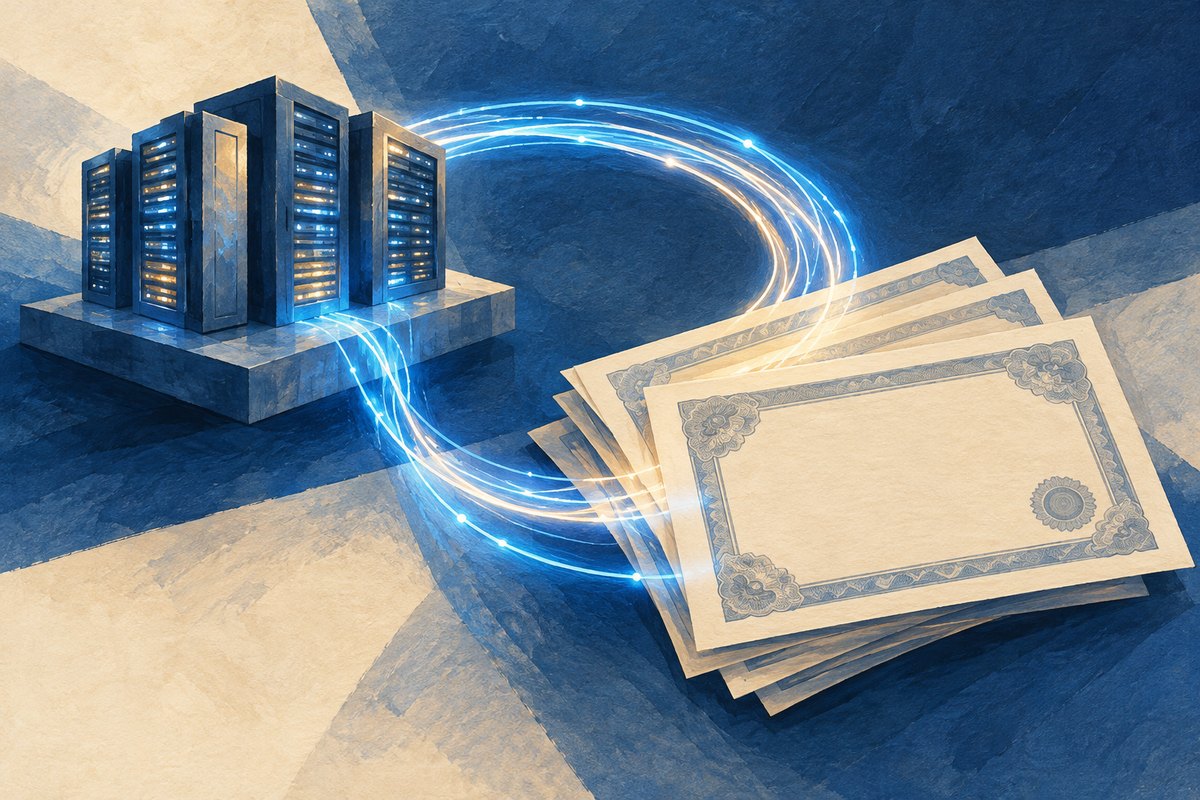 Optical fibre loops connecting illustrated servers and blank share certificates