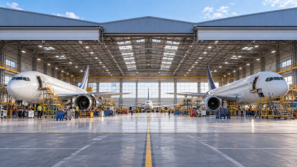 AI-generated illustration of two unbranded passenger aircraft undergoing heavy maintenance in a large hangar; it is not a photograph of an AAR or MRO Holdings facility.