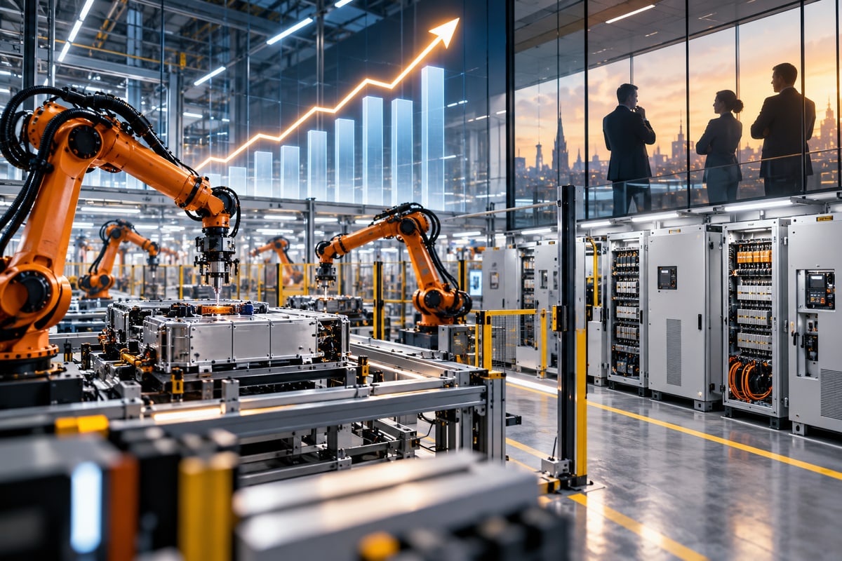 Conceptual automated factory with a rising light chart and cautious investors