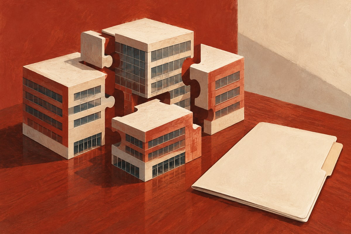Abstract corporate office divided into interlocking pieces beside a folder