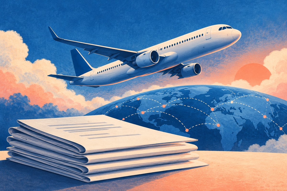 Stylized passenger jet above folded contracts and abstract travel routes