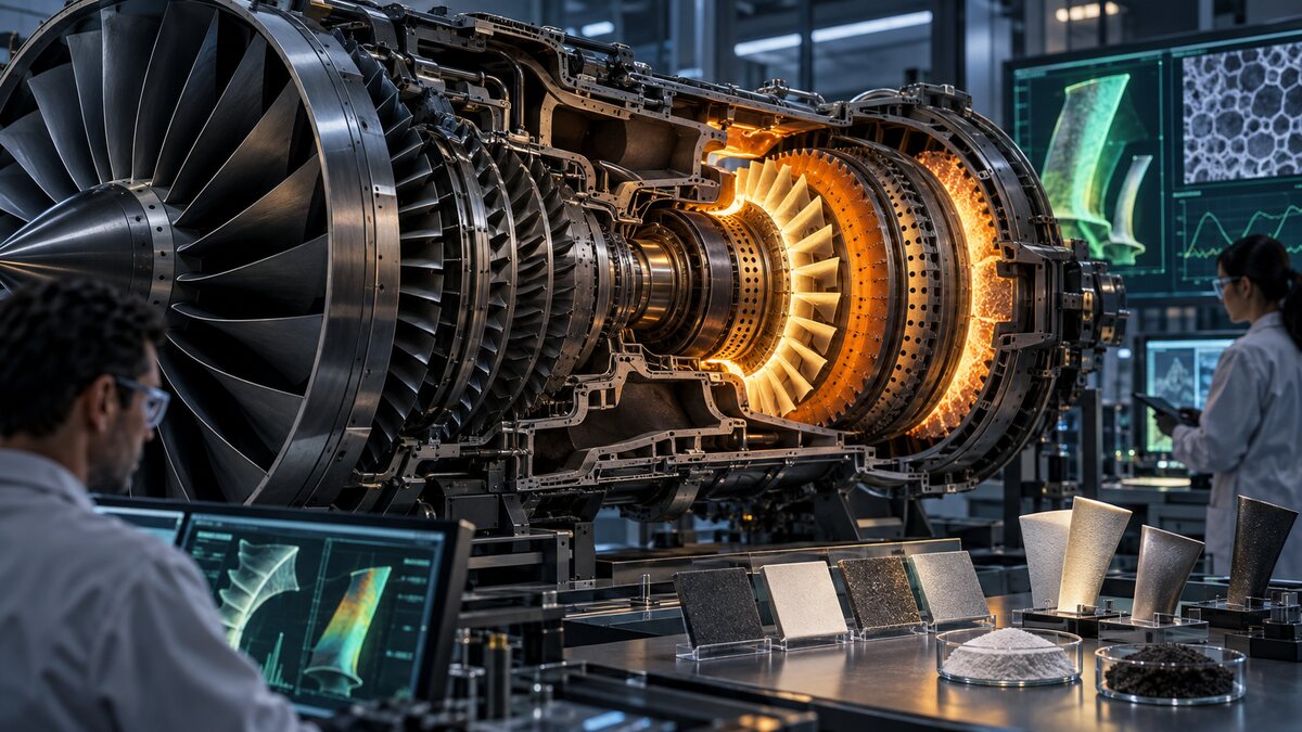 AI-generated illustration. A generic jet-turbine cutaway and ceramic samples illustrate coating research; not a real engine, laboratory or test.