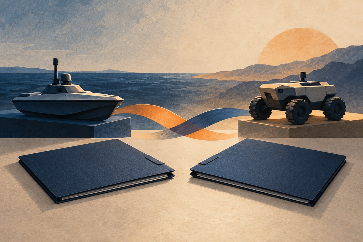Abstract uncrewed boat and ground vehicle models beside blank partnership folders