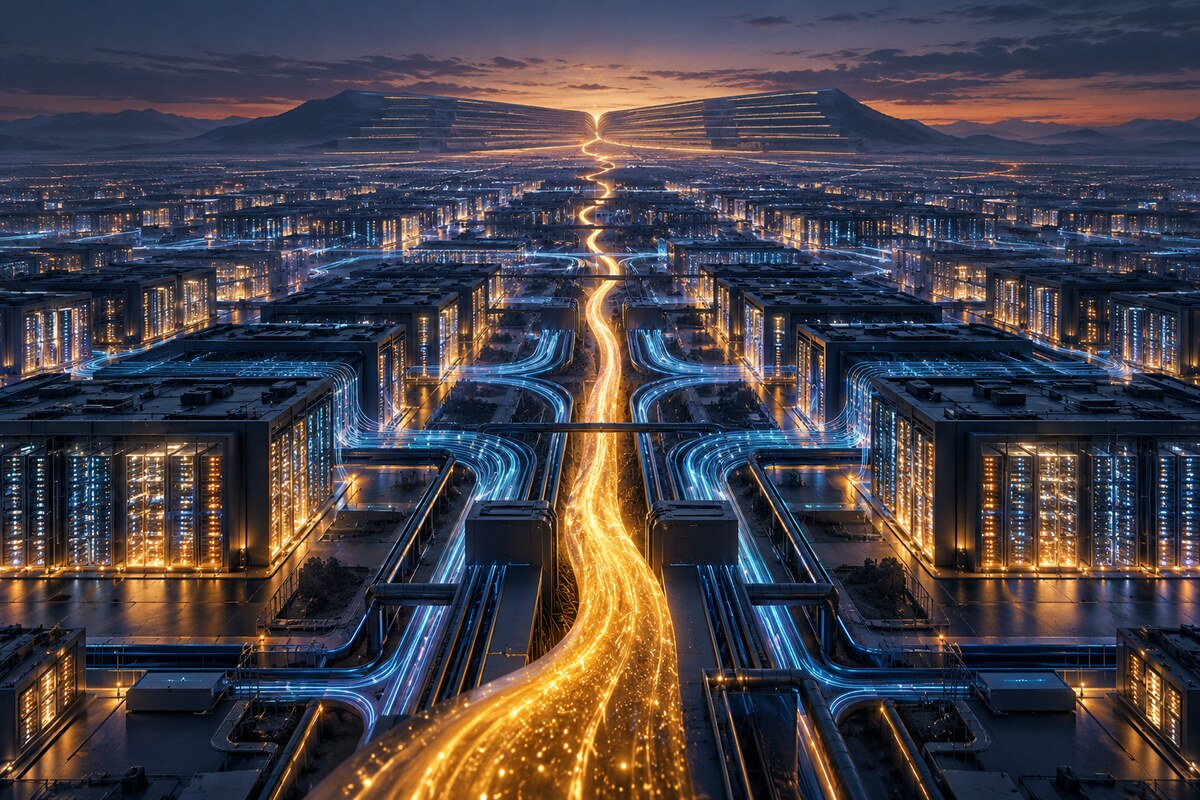 AI-generated illustration of a vast fictional data-centre campus divided by a fading golden capital flow; it is not a photograph of any company's infrastructure.