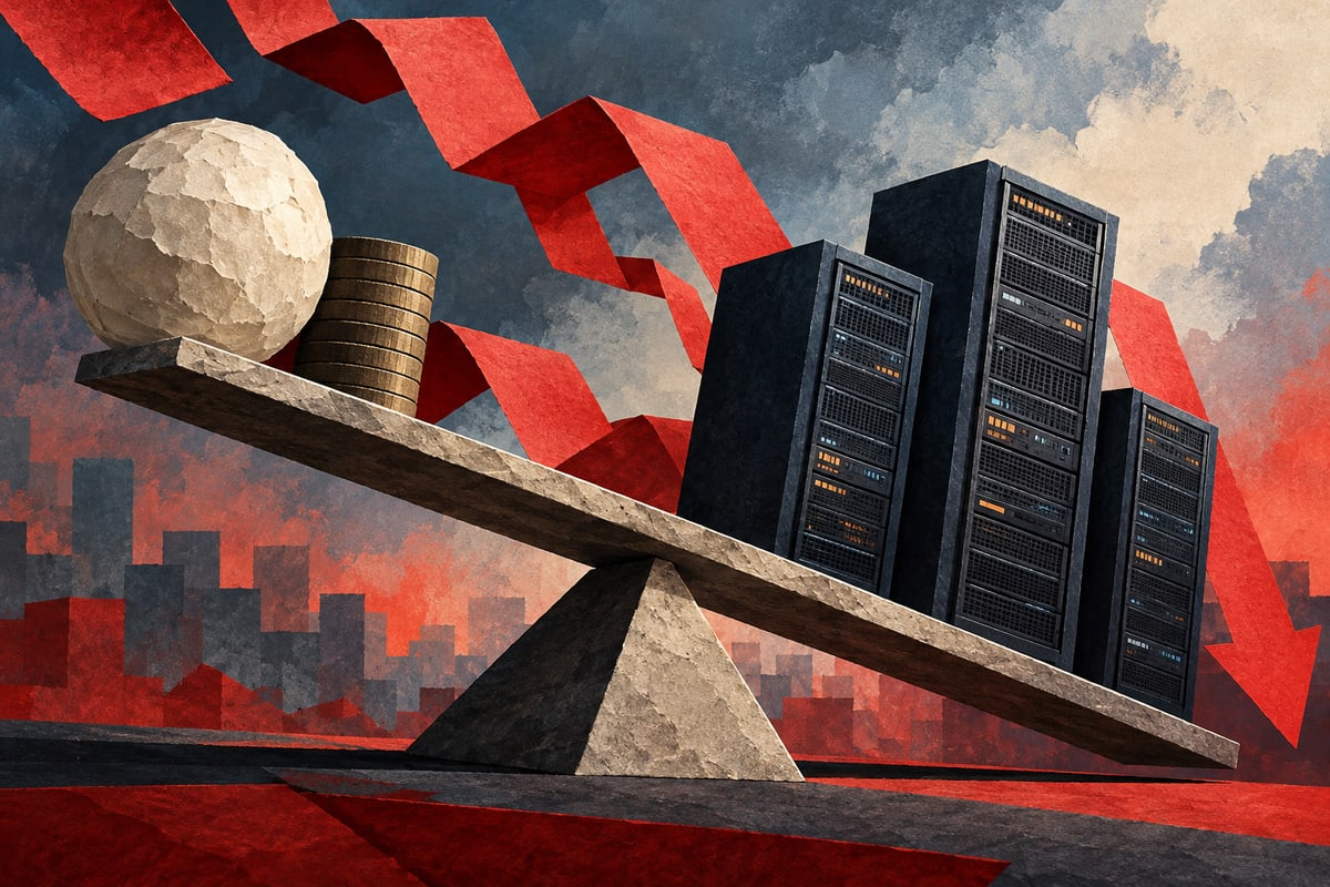 Illustrated server cabinets balanced against descending red ribbons