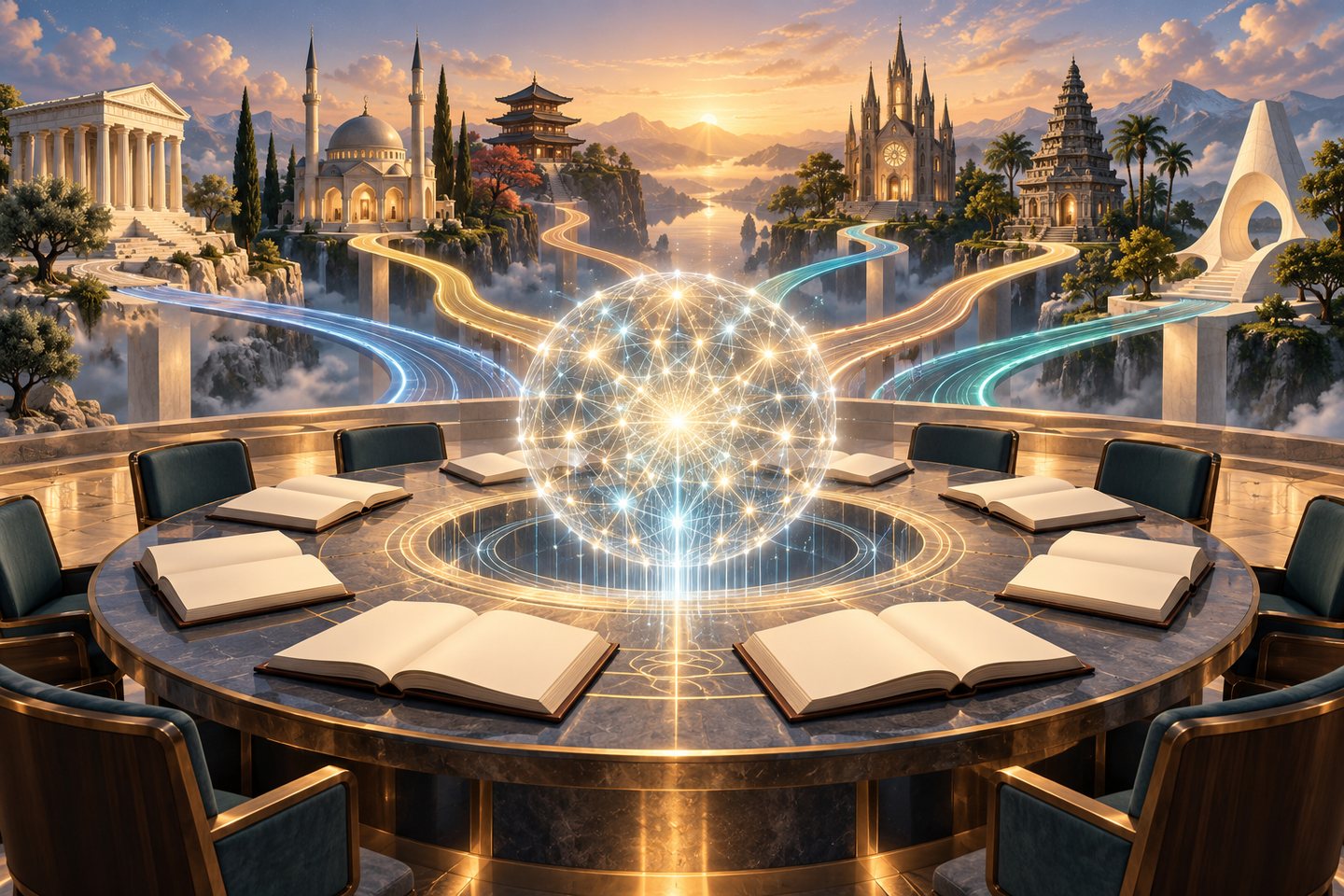 Original conceptual illustration of an abstract AI lattice at a roundtable linked to diverse architectural traditions and open books
