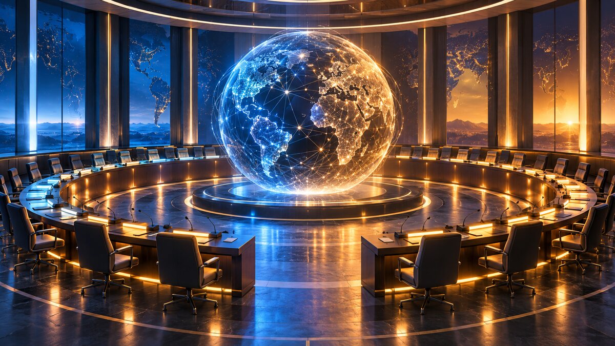 AI-generated illustration. Empty diplomatic desks surround a glowing neural-network globe; the scene does not depict the UN meeting.