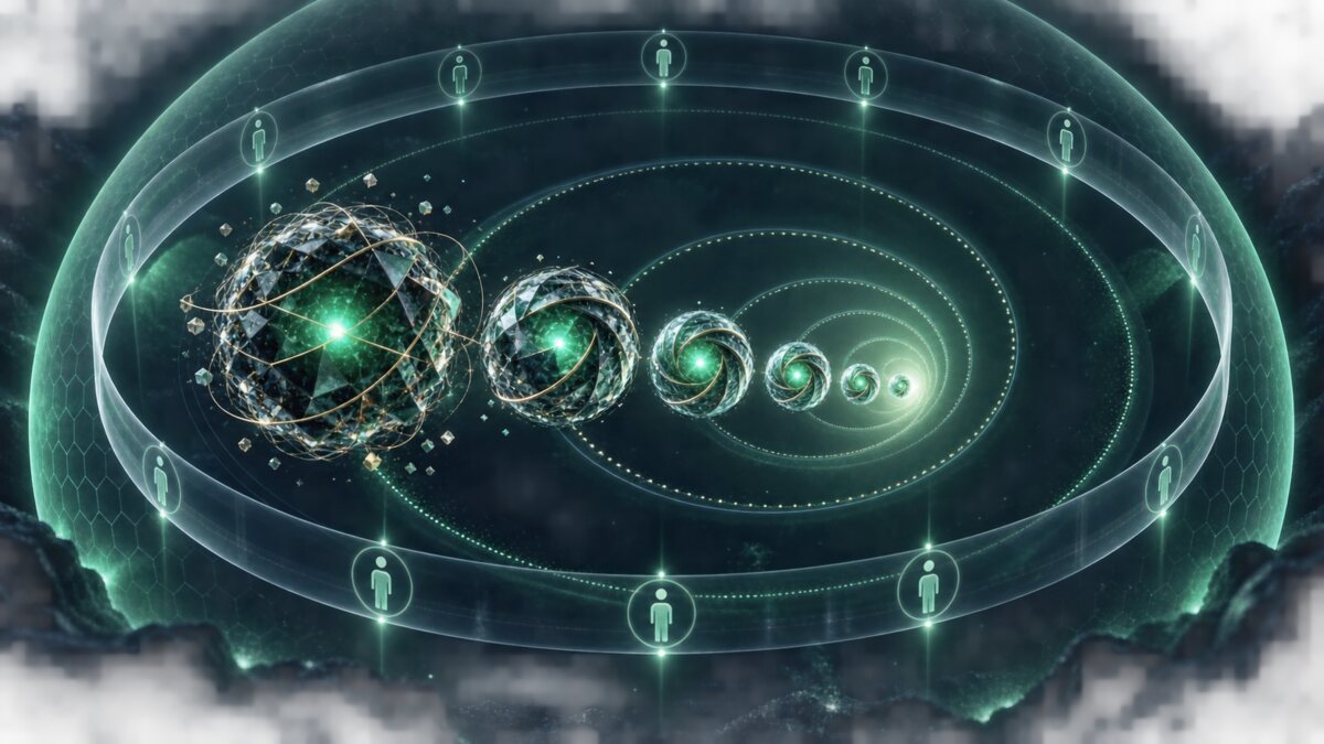 AI-generated illustration. A spiral of abstract AI cores inside a human-supervision ring; not a real laboratory system or experiment.