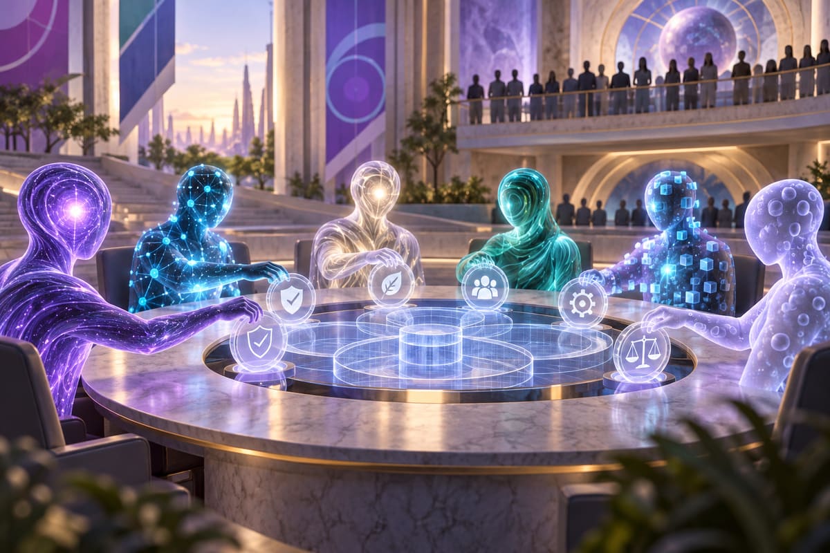 Conceptual illustration of abstract AI systems placing voluntary safety seals into a shared framework