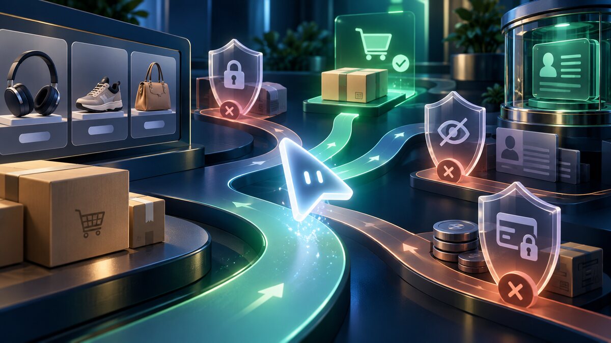 AI-generated illustration. A neutral luminous cursor moves among parcels, payment tokens and protected data vaults; it is not a real banking interface.