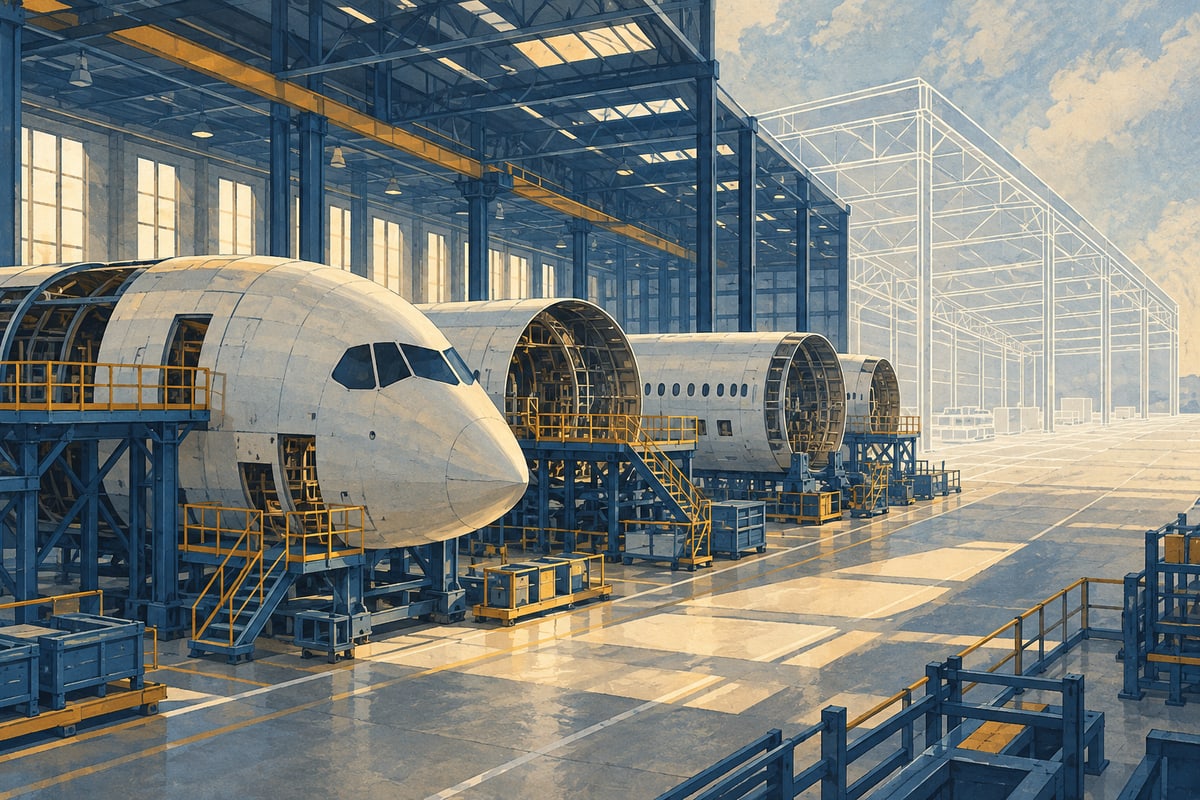 Illustrated widebody fuselage sections beside the outline of a possible extra assembly hall