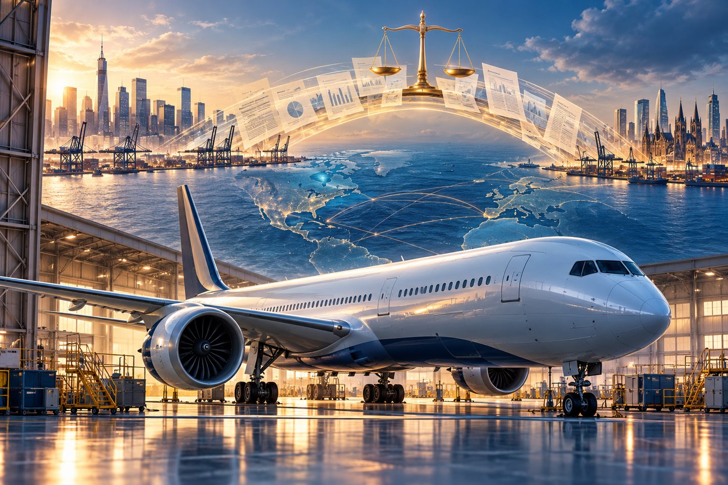 Original conceptual illustration of a passenger aircraft beneath a bridge of financing documents and legal scales