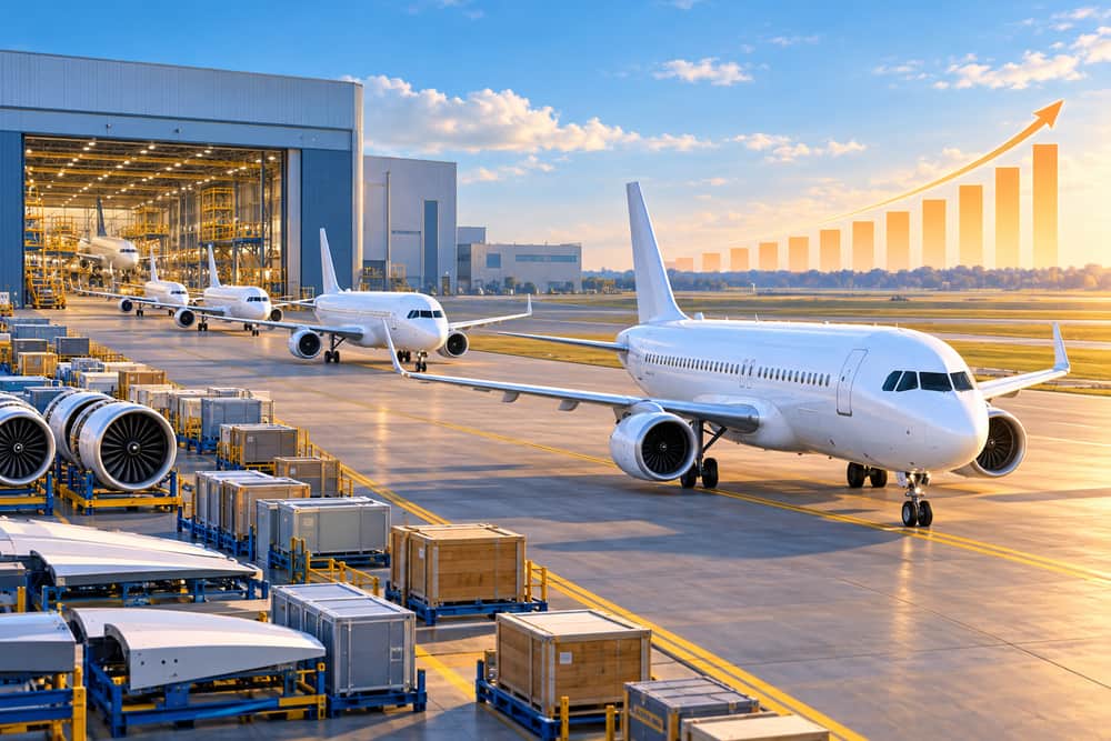 AI-generated illustration of generic passenger jets leaving an aircraft delivery center with a rising production rhythm; it is not a photograph of Airbus aircraft or facilities.