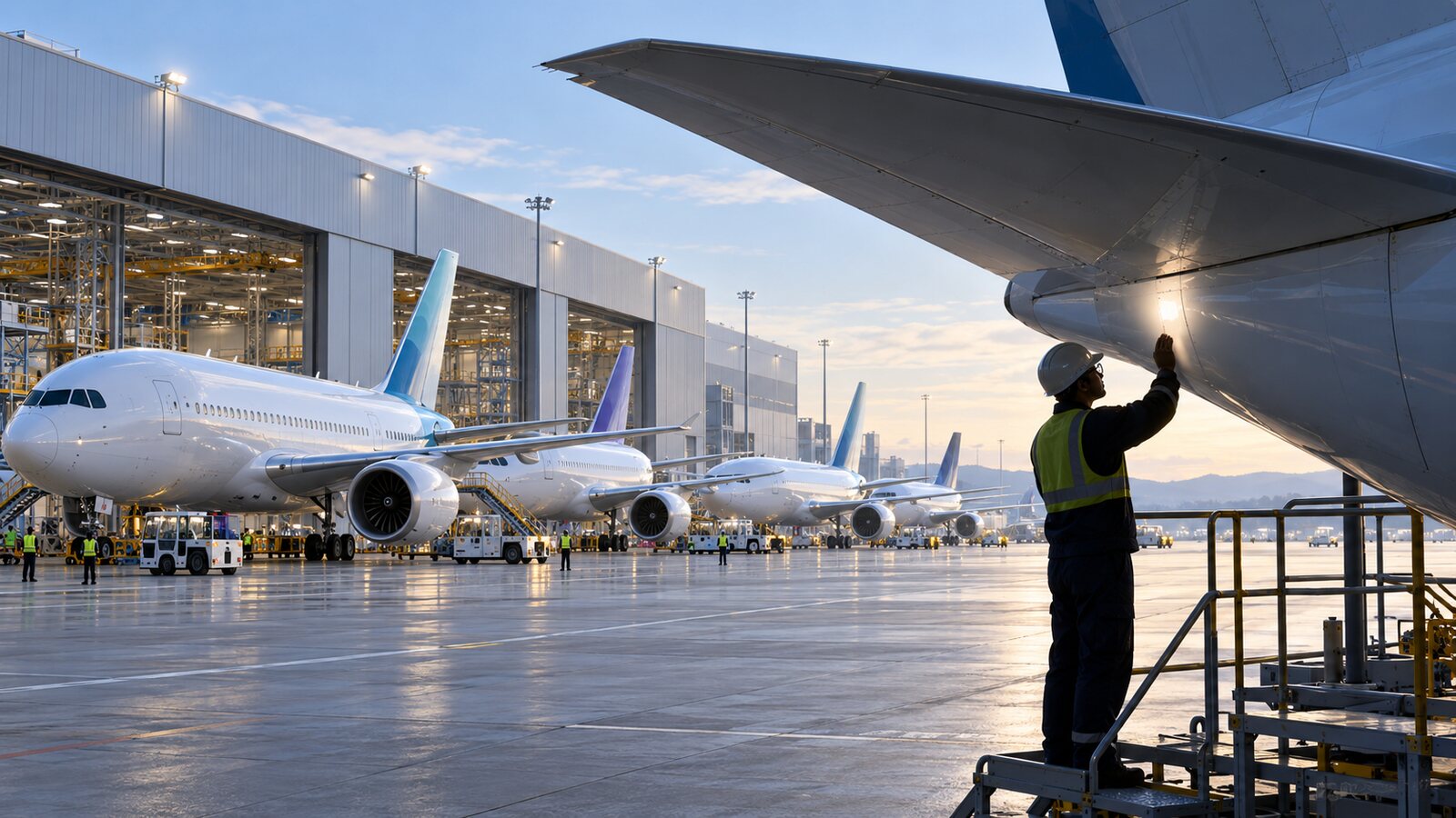 AI-generated illustration of fictional airliners on a delivery apron with a separate tail inspection; it is not a photograph of Airbus aircraft or the reported quality issue.