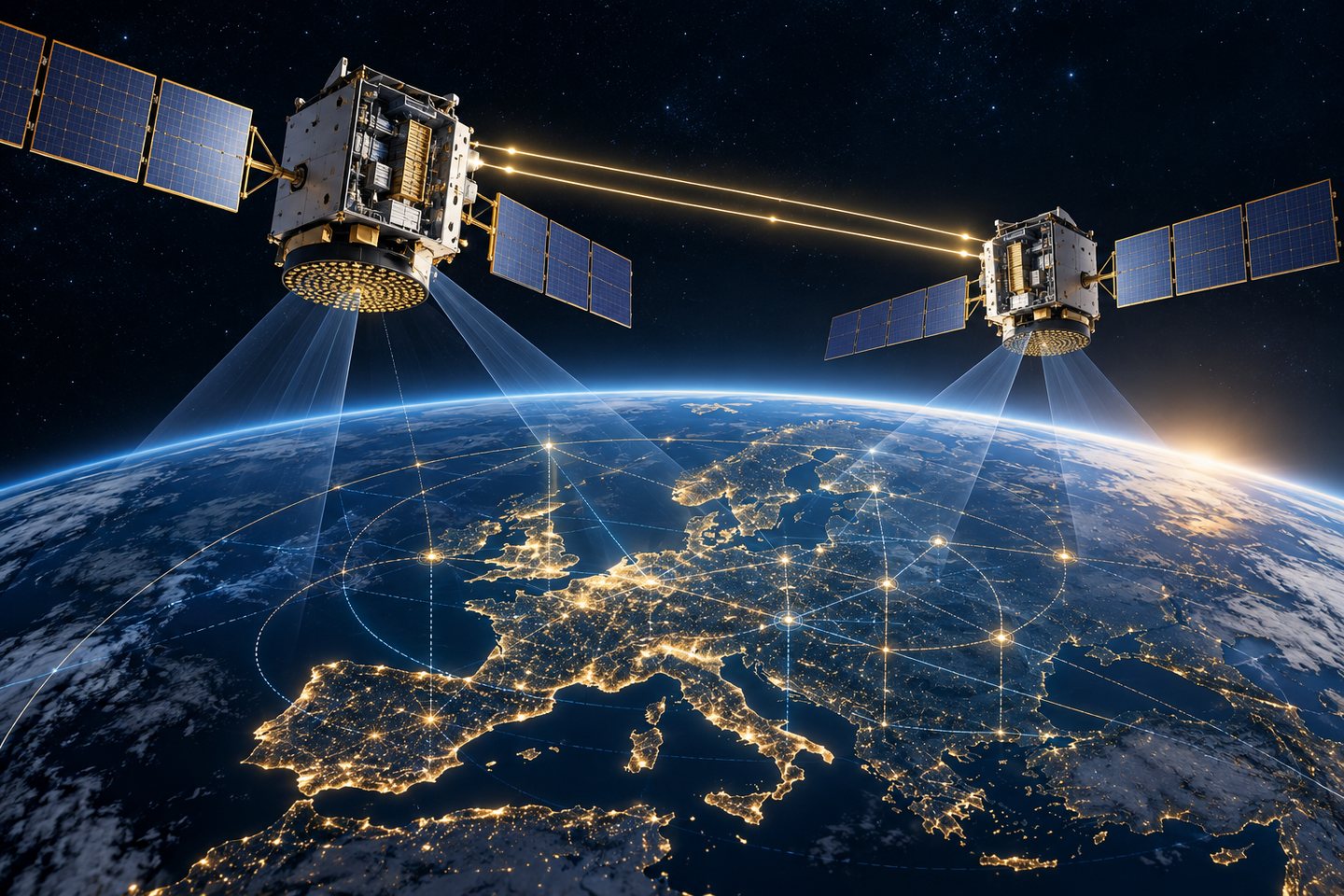 Original conceptual illustration of two navigation satellites cross-linking above a positioning grid over Europe