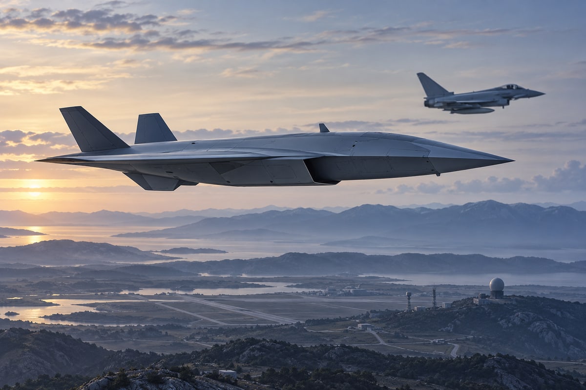 Conceptual uncrewed jet aircraft flying over a European test range