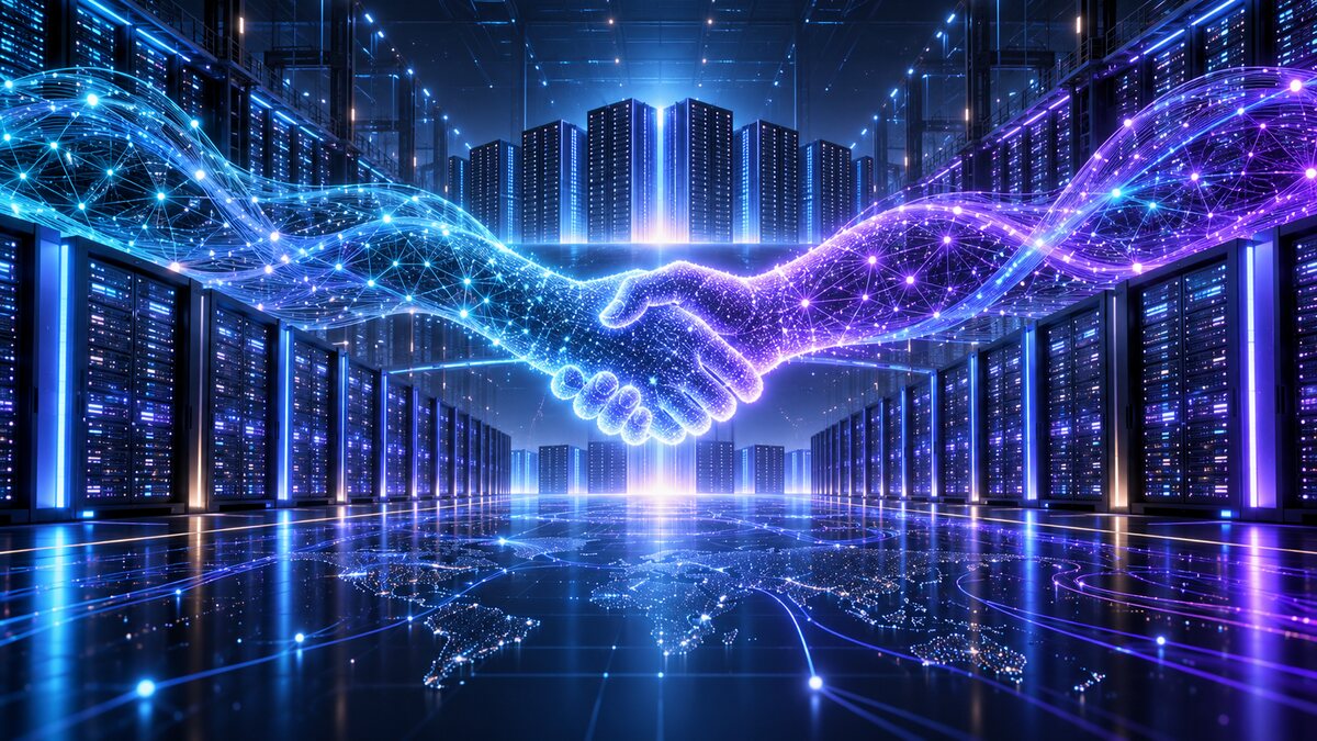 AI-generated illustration of luminous server corridors and a handshake made of data; it does not depict an actual Akamai or Anthropic signing.