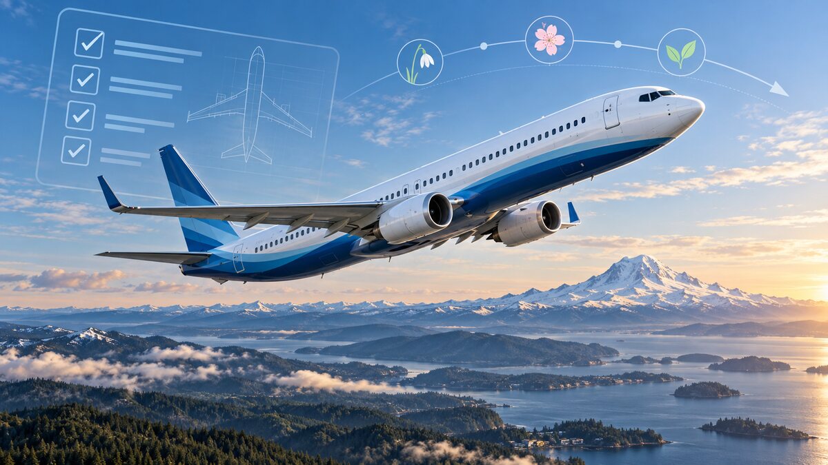 AI-generated illustration of a fictional unbranded narrow-body jet climbing over the Pacific Northwest with a certification motif; it is not an Alaska Air or Boeing aircraft.
