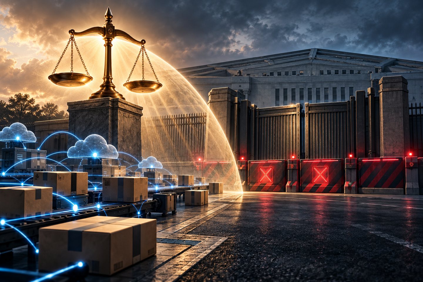 Original conceptual illustration of a digital commerce network protected by legal scales outside a government procurement gate
