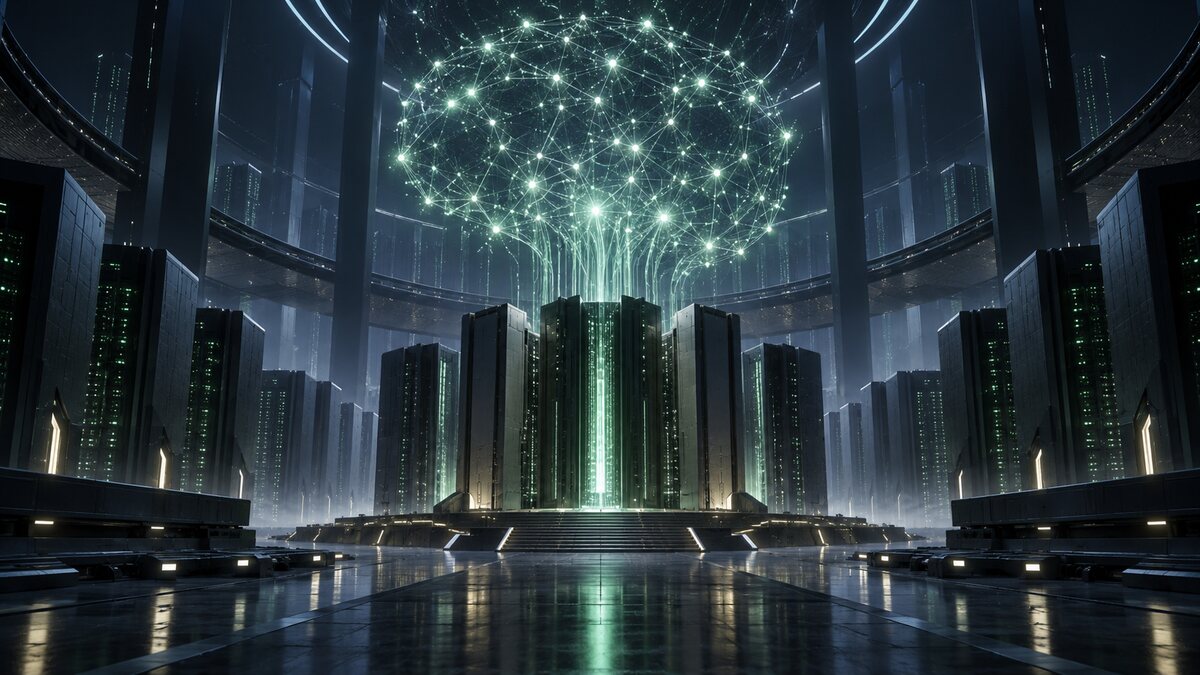 AI-generated illustration. Monumental unbranded compute towers feed a luminous neural network inside a conceptual data centre; not Alibaba hardware or a real facility.