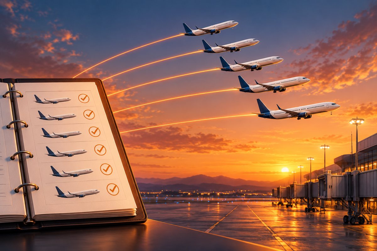 Original conceptual illustration of six narrow-body jets moving from an order book toward an airport