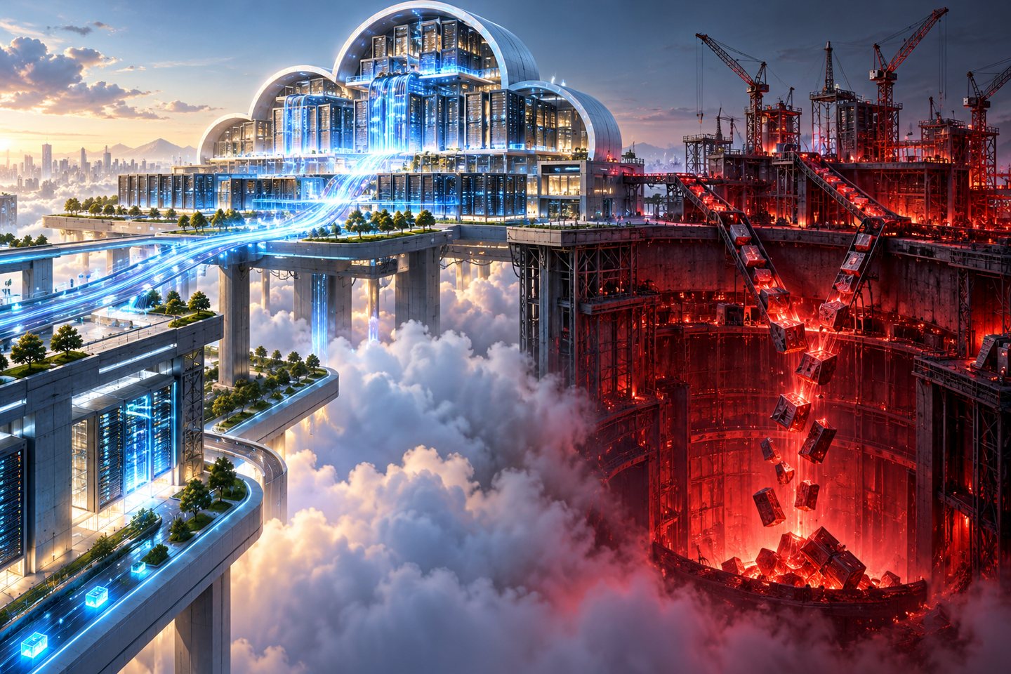 Original conceptual illustration contrasting a bright cloud-computing campus with a red capital-spending sink