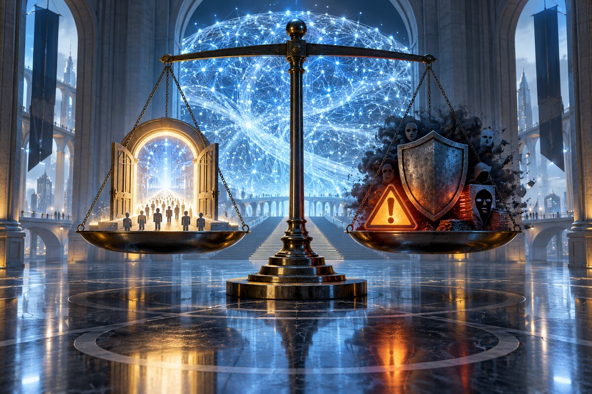 AI-generated editorial illustration of an open digital gateway balanced against warning symbols; it is not a photograph of Sam Altman or an OpenAI event.
