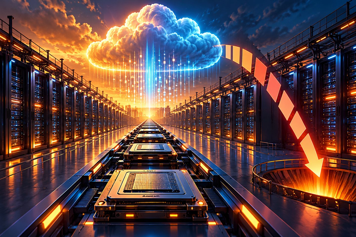 Original conceptual data-center aisle with accelerated chips, a cloud and an abstract falling cash-flow gauge