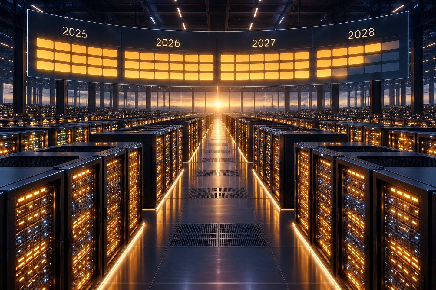 Original conceptual data centre operating near full capacity with reservation blocks extending into 2028