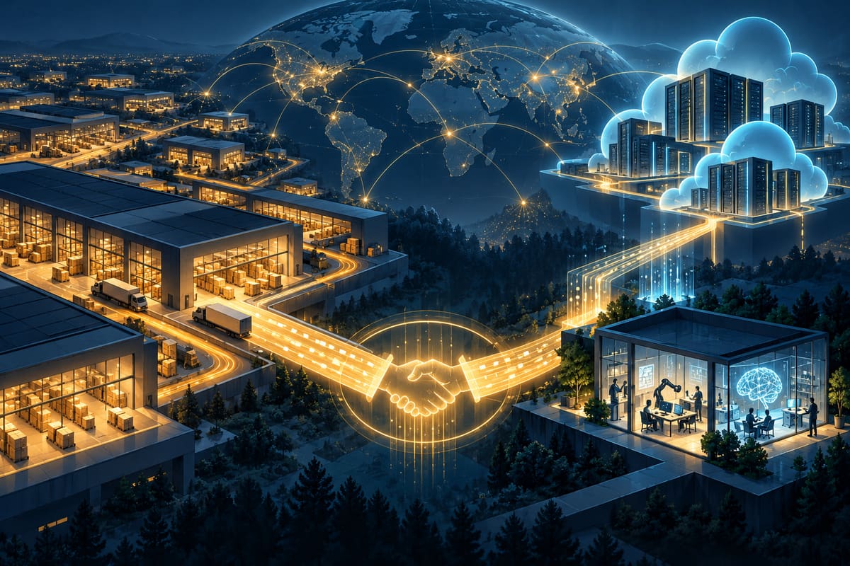 Conceptual illustration of retail logistics, cloud computing and an AI laboratory connected by data paths