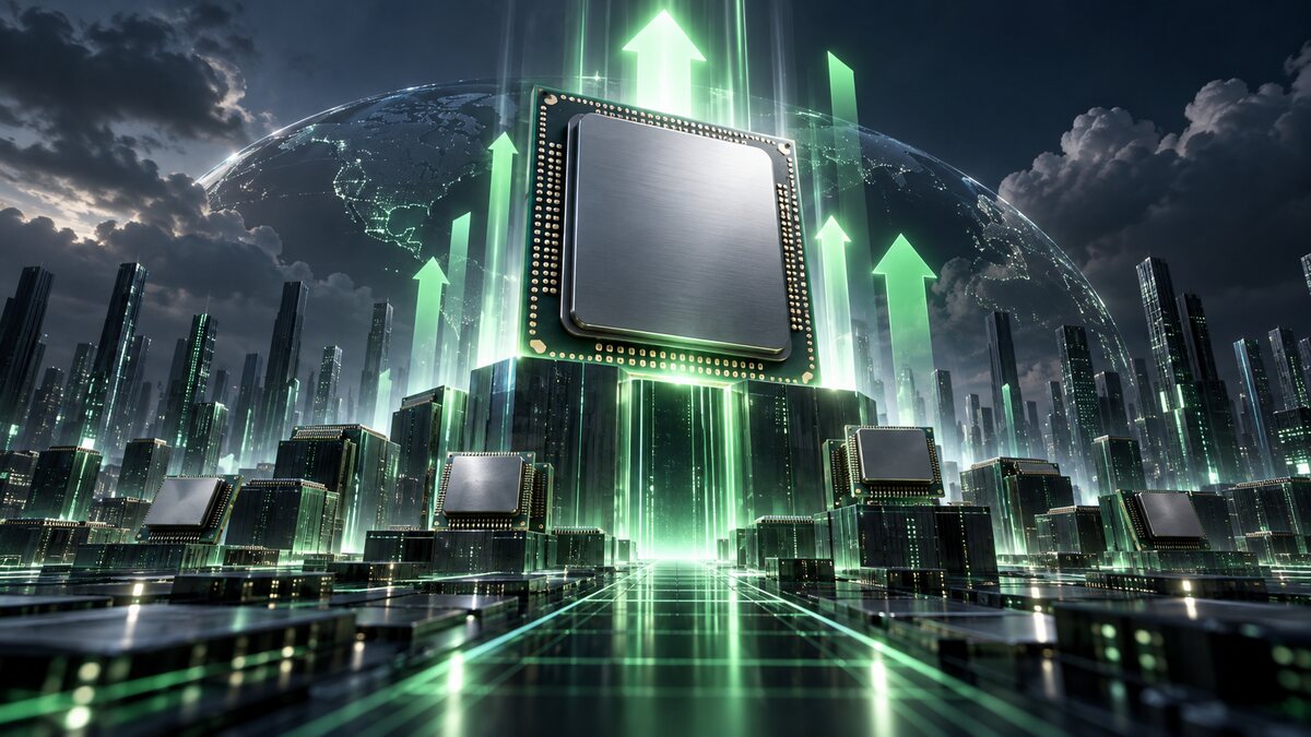 AI-generated illustration. An unbranded processor rises from an abstract financial grid with upward geometry; not an AMD chip or market display.
