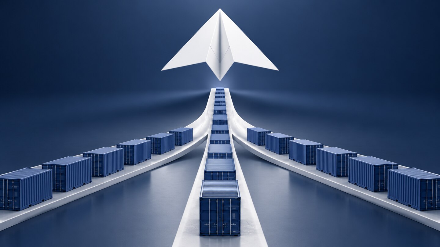 AI-generated illustration. Conceptual paper airplane over converging freight-container lanes, representing air-cargo integration; not ANA aircraft or facilities.