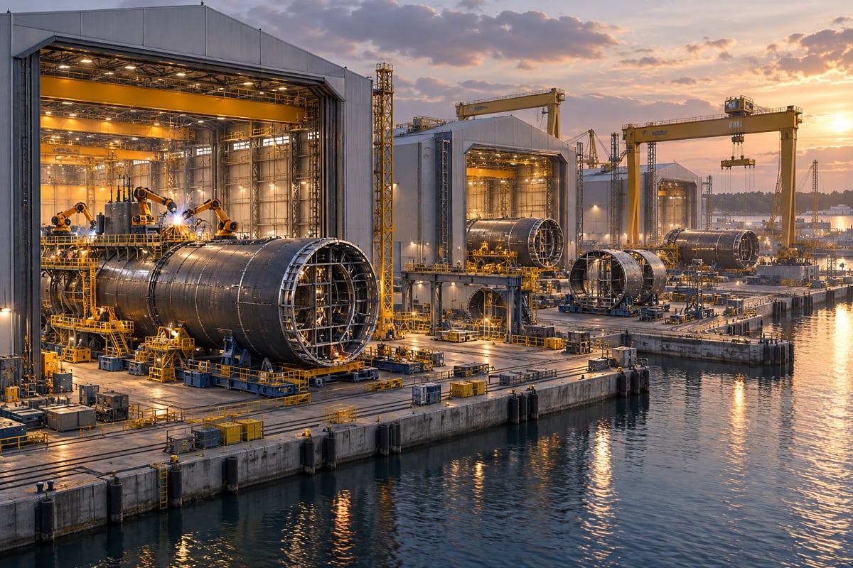 AI-generated illustration of a waterfront factory producing cylindrical submarine components; it is not a photograph of Anduril's planned Maryland site.