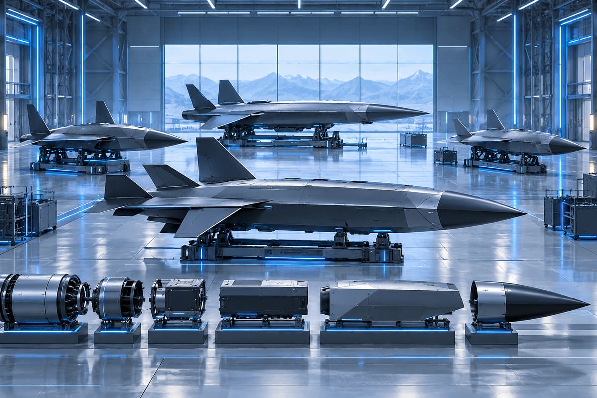 Conceptual illustration of generic defensive interceptor forms in a clean test hall