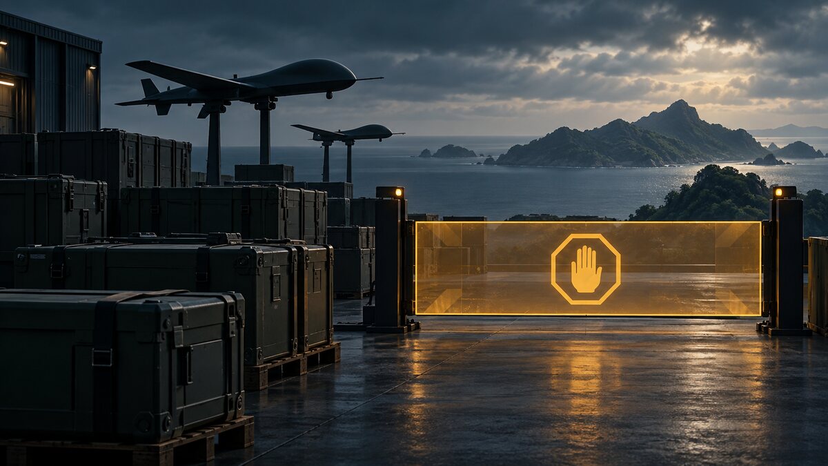 AI-generated illustration. Sealed procurement containers and abstract drone silhouettes wait behind an approval gate; not Anduril equipment or a Taiwan shipment.