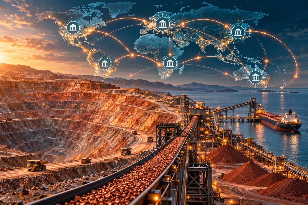 AI-generated illustration of a copper mine, concentrate conveyor and global regulatory checkpoints; it is not a photograph of Anglo American or Teck assets.