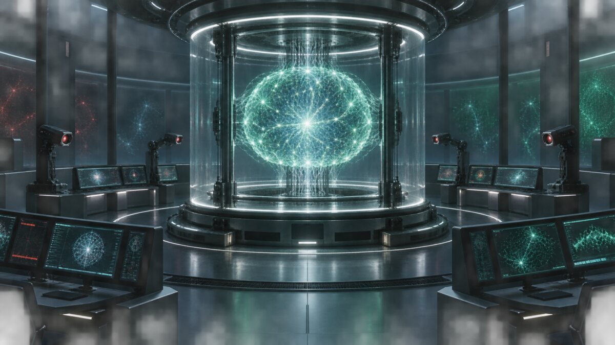 AI-generated illustration. A luminous neural core inside an independent evaluation chamber; not an Anthropic model, Accenture facility or photograph of testing.