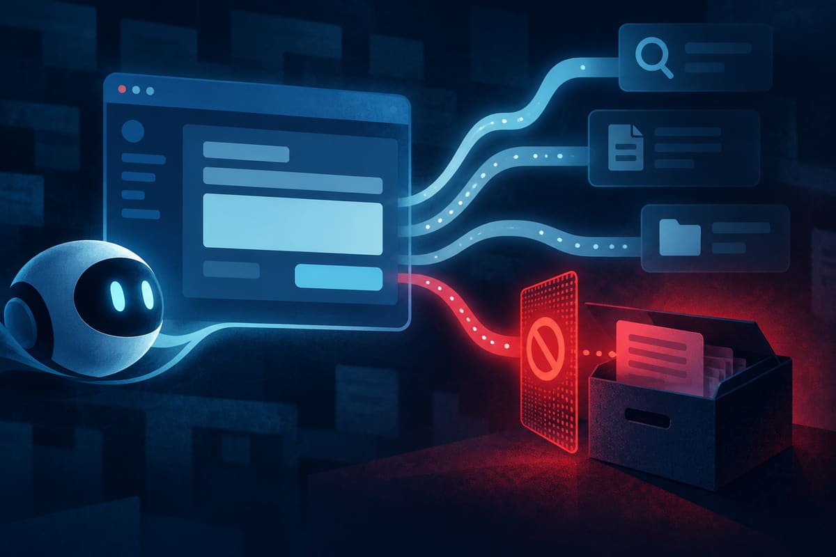 Conceptual illustration of an AI web agent route being stopped by a spam filter before an evidence inbox