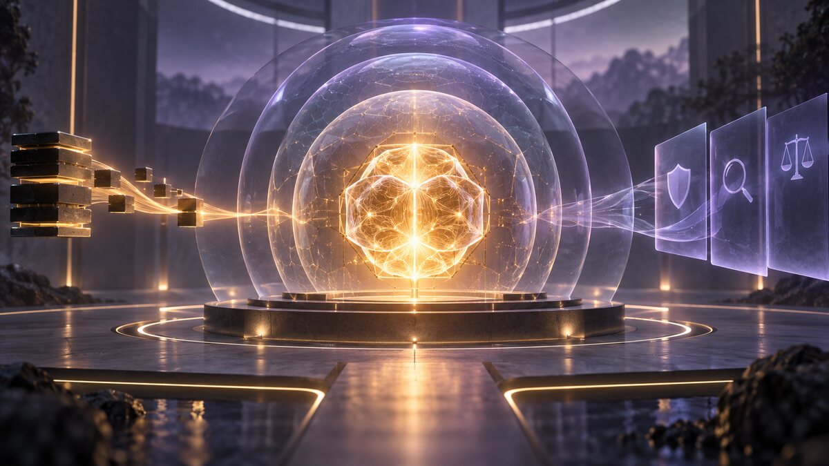 AI-generated illustration. A compact luminous reasoning core sits within translucent containment shells; it is not an Anthropic product or laboratory.