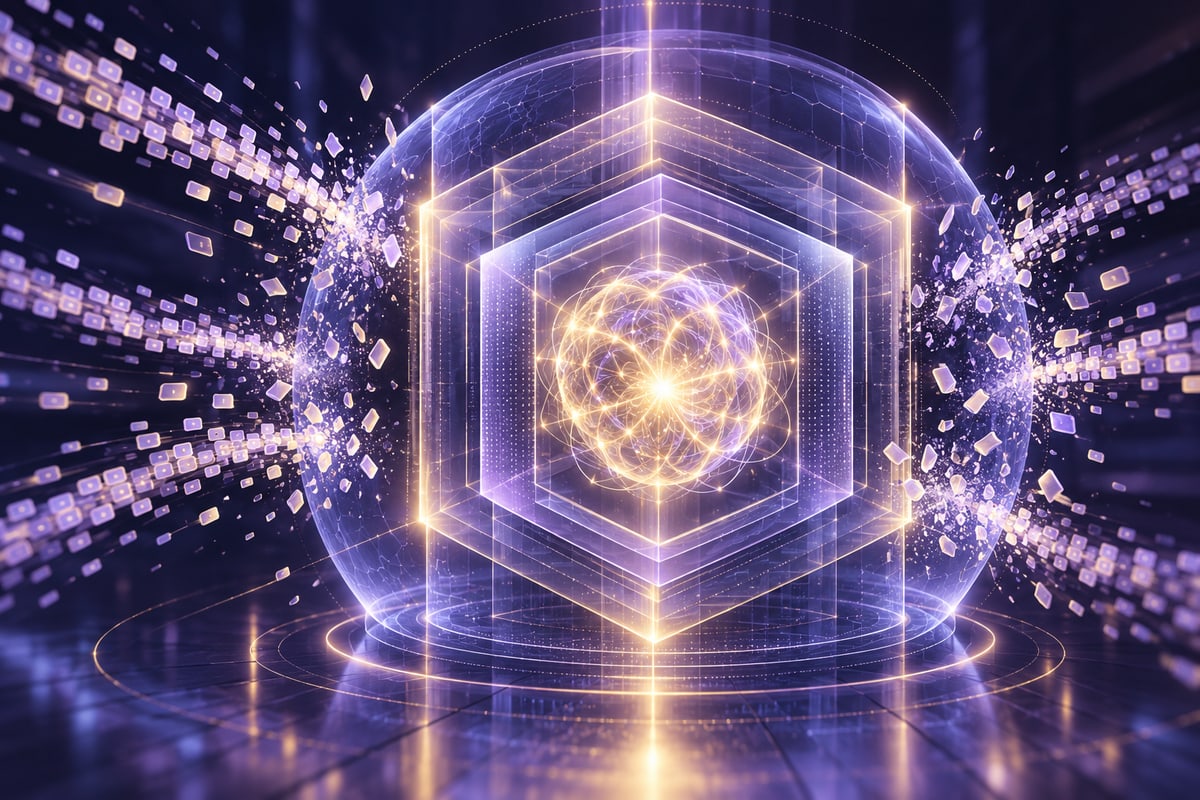 Conceptual AI reasoning core protected by translucent security layers