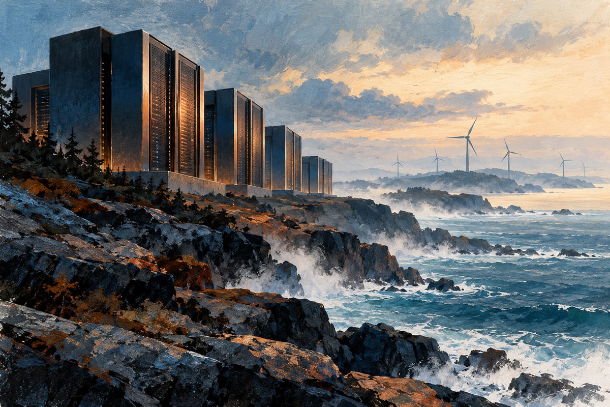 Conceptual server cabinets beside an abstract Atlantic coastline and wind turbines