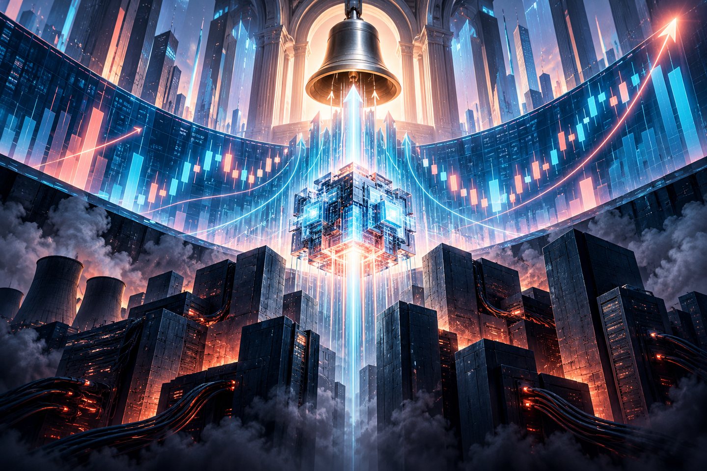 Original conceptual illustration of an AI research core rising toward a market bell through growth and cost charts