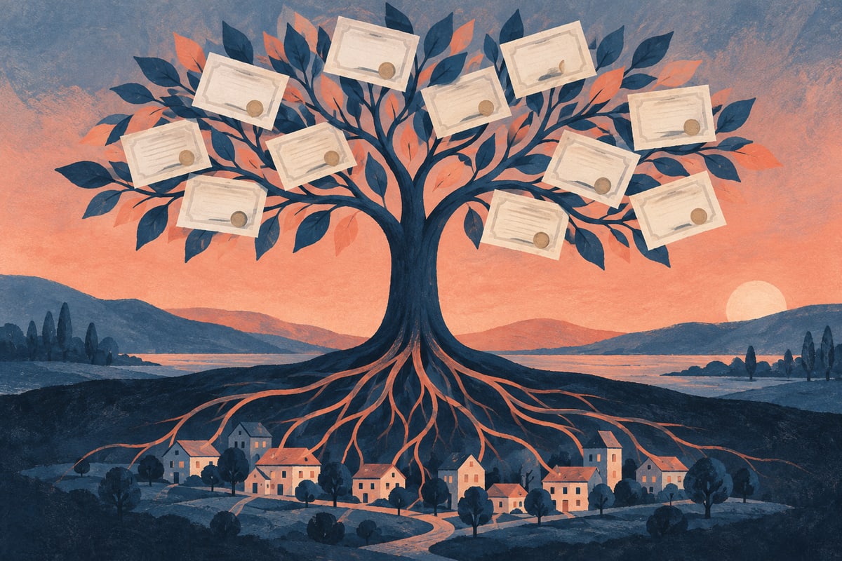 Conceptual tree of blank share certificates growing above small houses