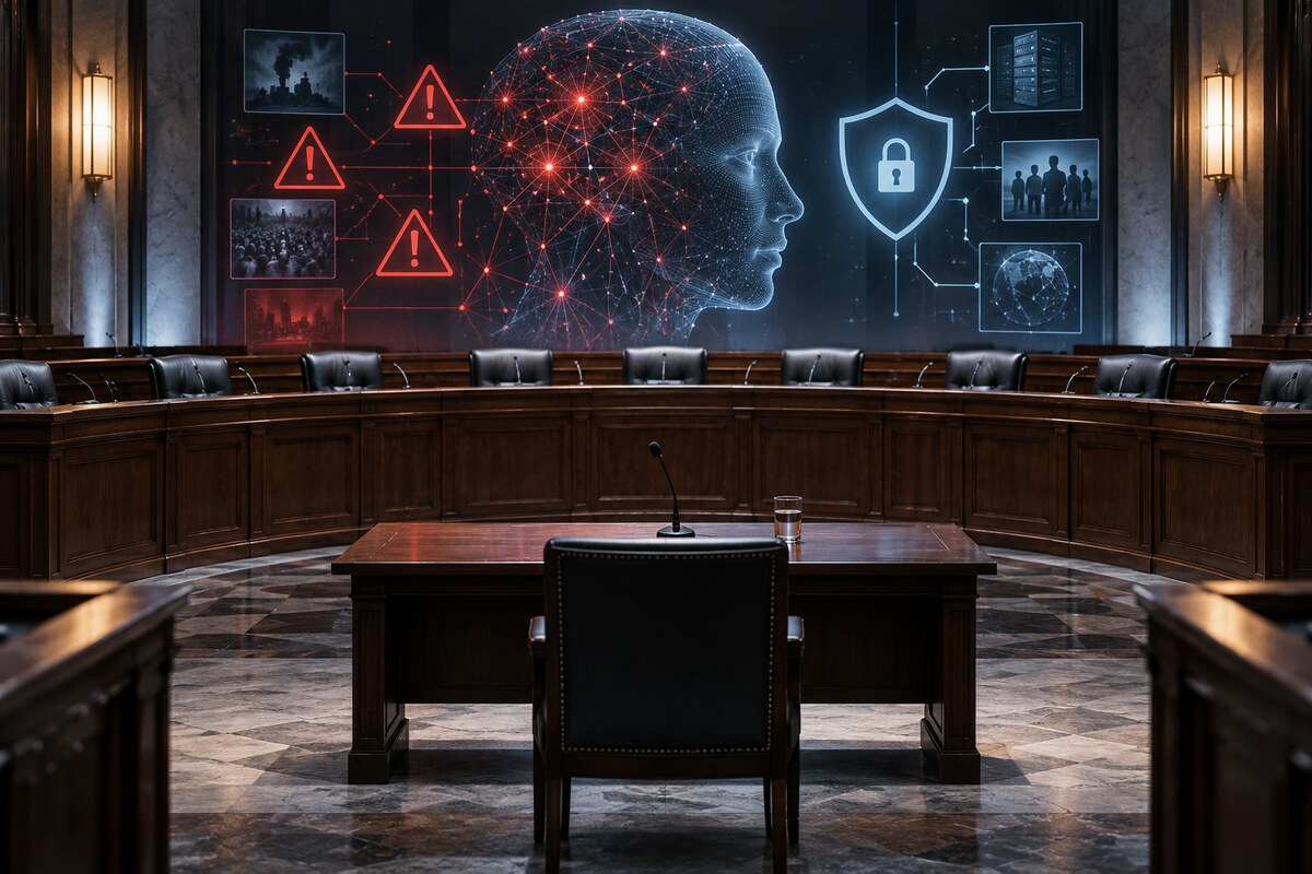 AI-generated illustration of an empty civic hearing chamber with an abstract AI network display; it is not a photograph of the reported New York City hearing.