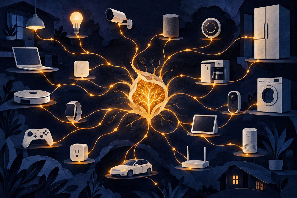 Abstract network of household devices surrounding a luminous AI seed
