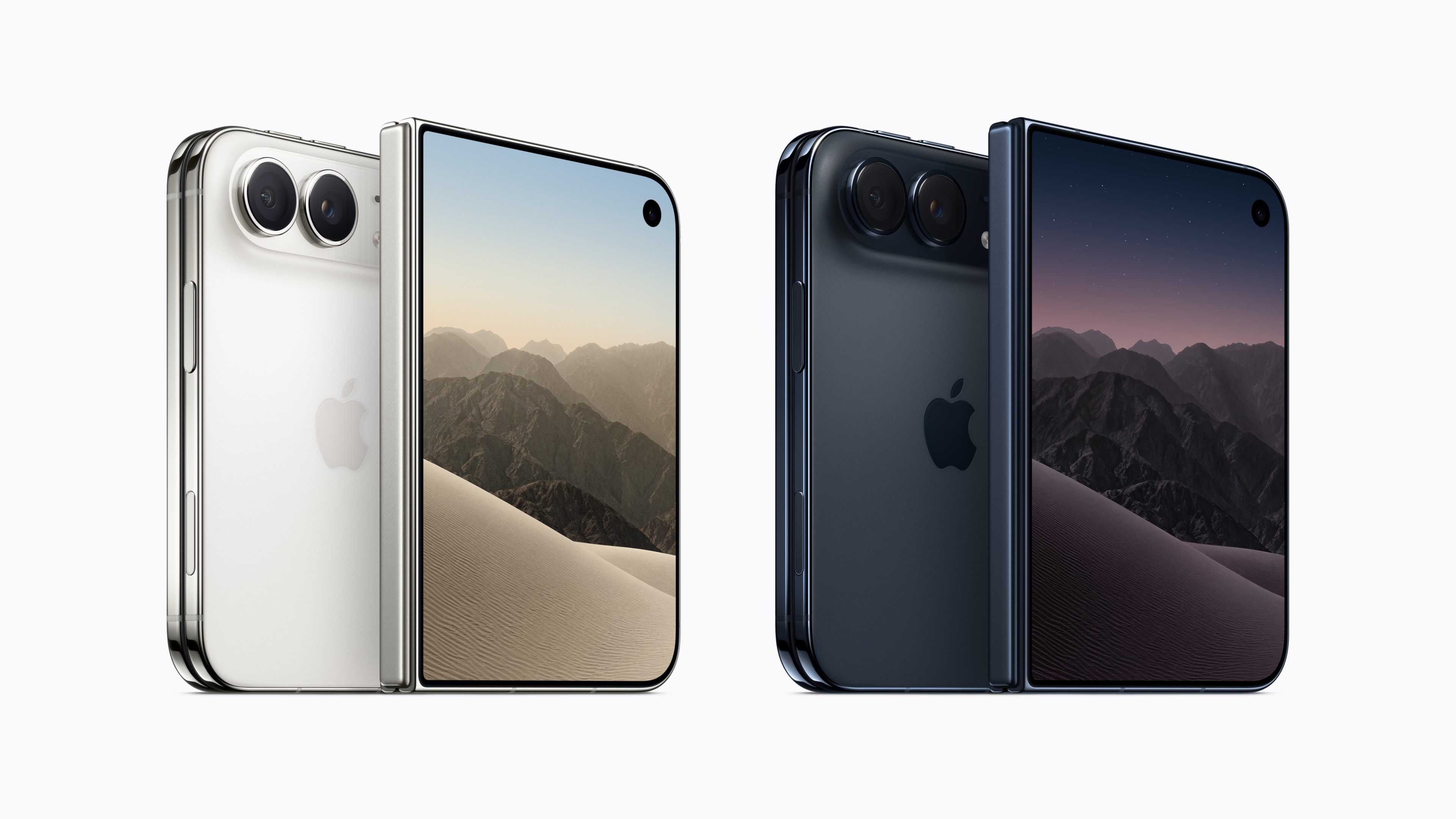 Apple iPhone Duo devices shown open and closed in multiple finishes