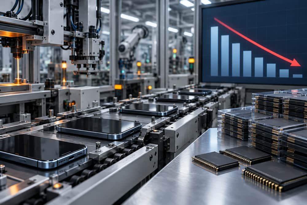 AI-generated illustration of unbranded premium smartphones on a slowing production line beside memory chips and an abstract declining chart; it is not a photograph of Apple production.