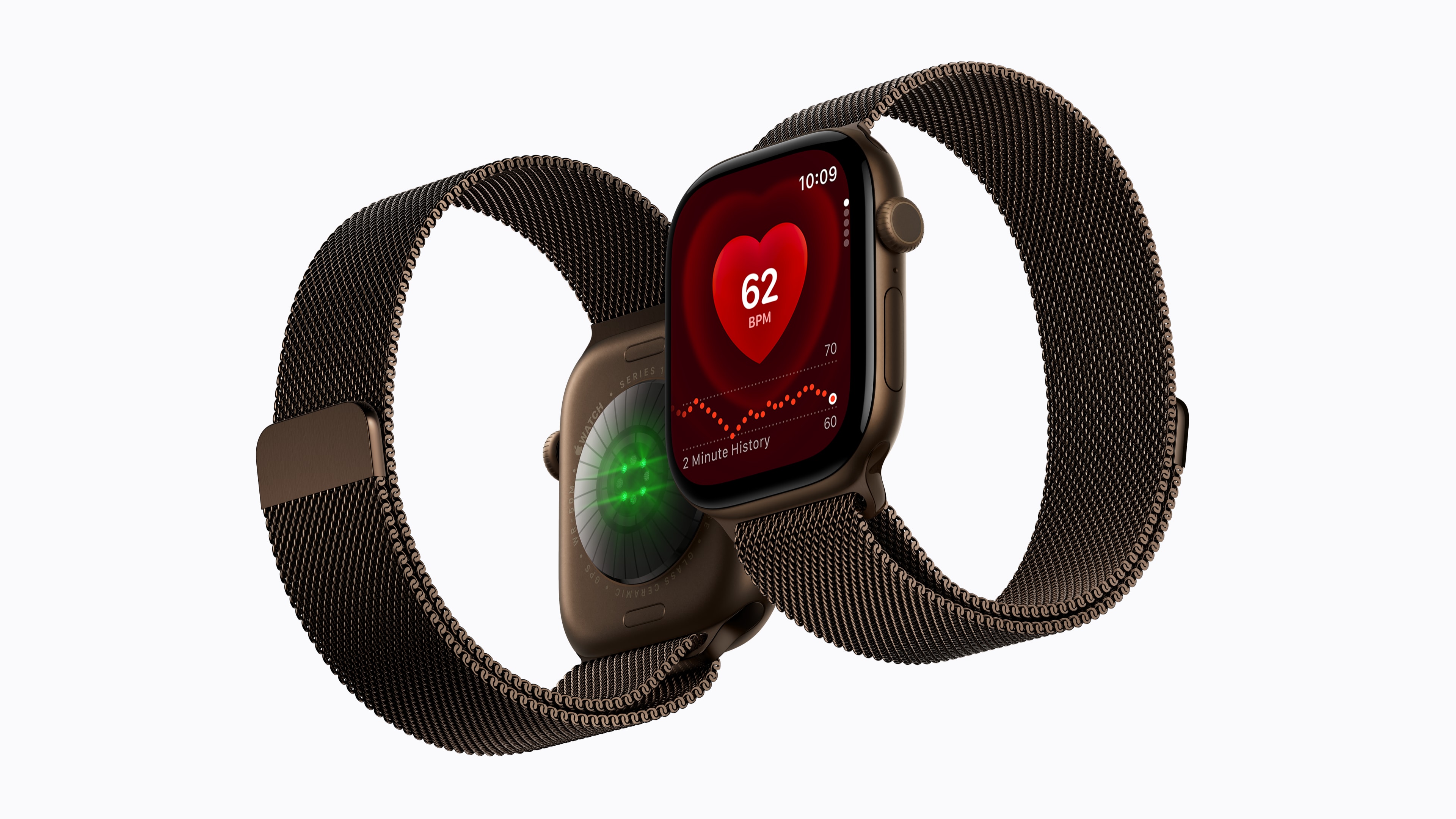 Two Apple Watch Series 12 devices showing the rear sensors and Heart Rate app