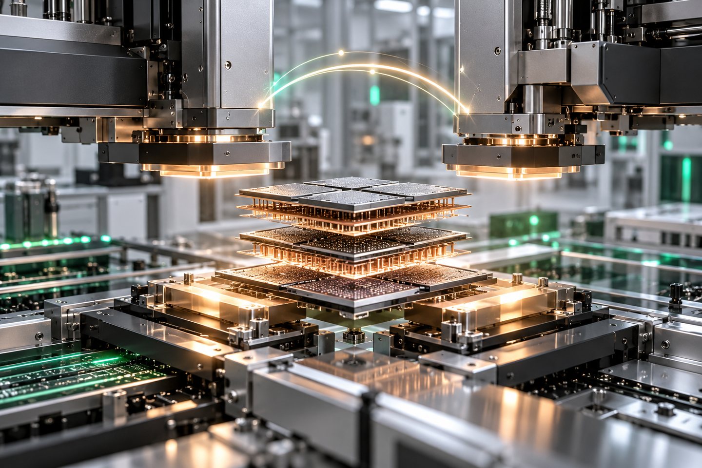 Original conceptual illustration of precision machines aligning chiplets for advanced semiconductor packaging