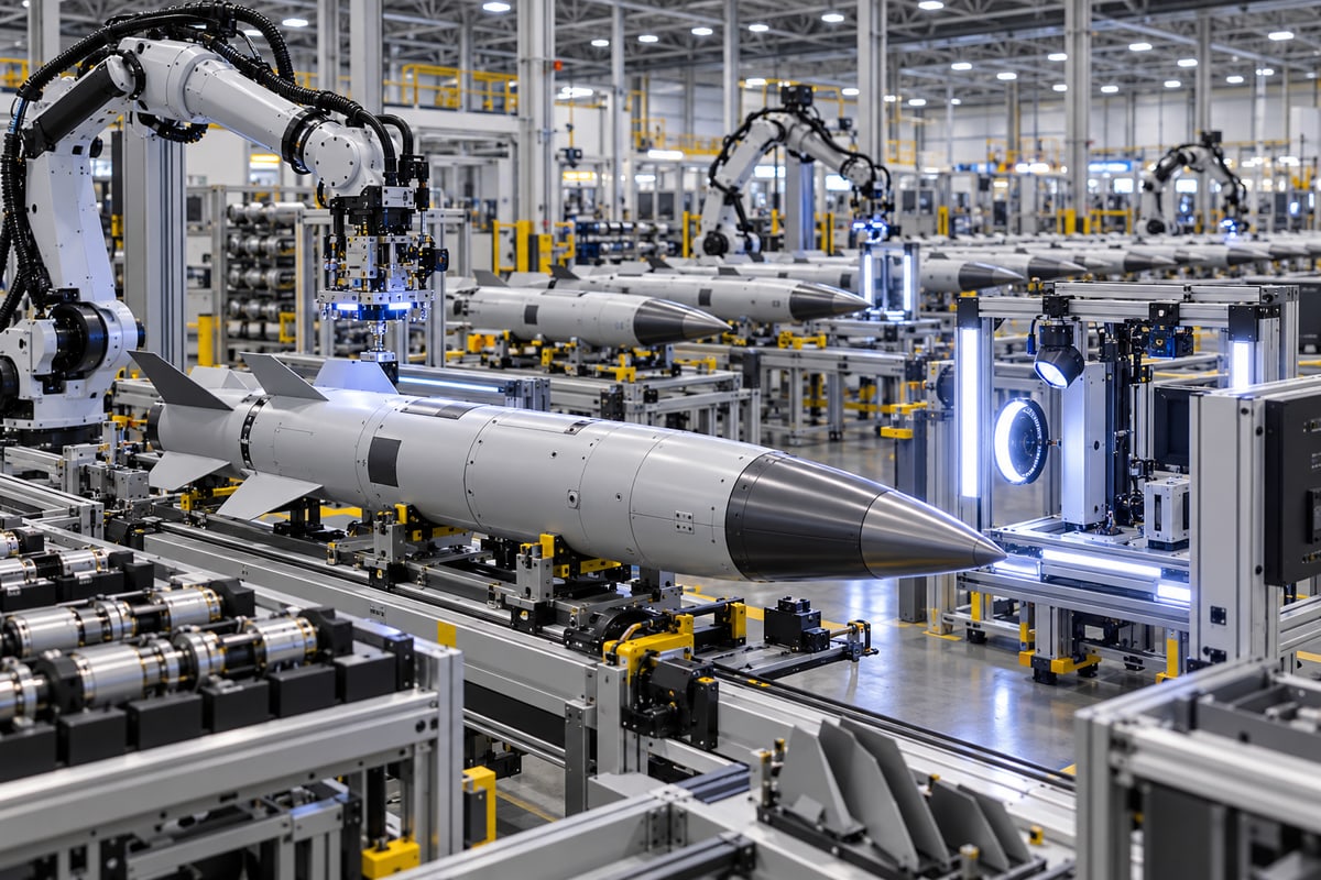 AI-generated illustration of generic defensive interceptors on a robotic inspection line; it is not a photograph of R2S, Tamir or the Camden facility.